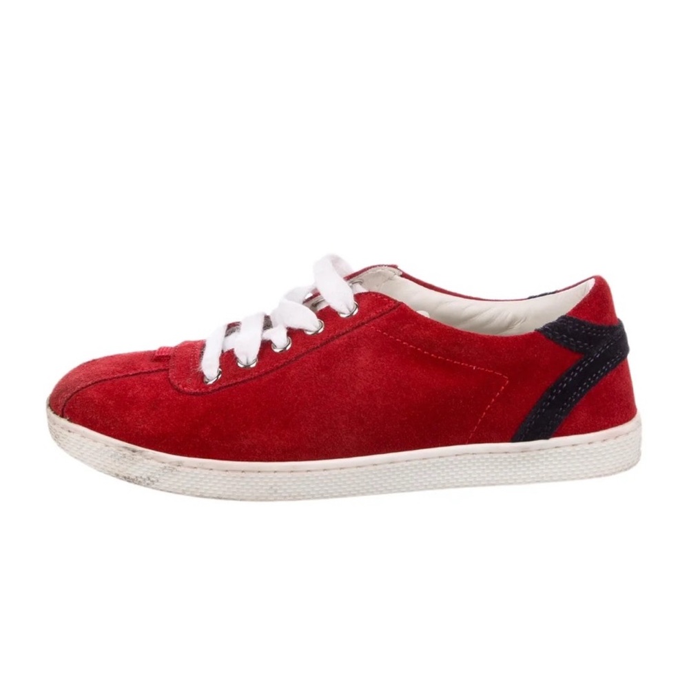 Gucci Kids Red Suede Low Top Sneakers Navy Blue Accent 410382 Size 29